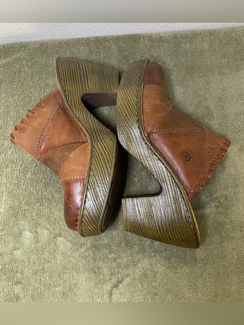 Born Hand Crafted Womens Size 10M Brown Leather Patchwork Platform Clog Mules - Picture 5 of 9